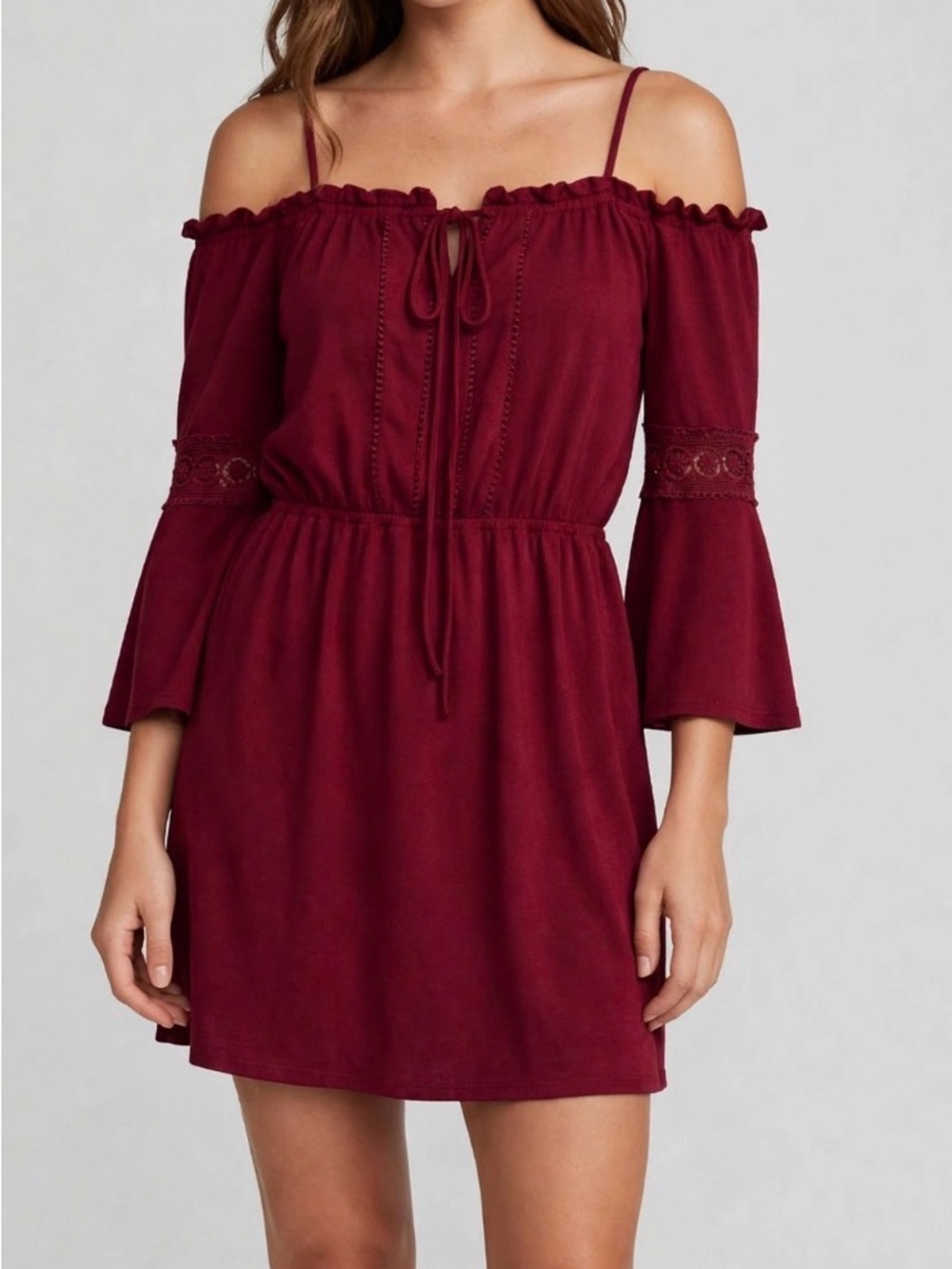 NAIF Burgundy Off-Shoulder Mini Dress with Lace Sleeve Detail